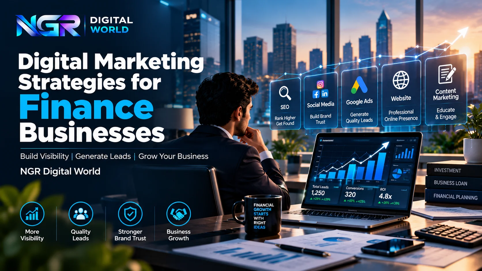 Digital marketing strategies for finance businesses, including SEO, social media marketing, Google Ads, website development, and content marketing.