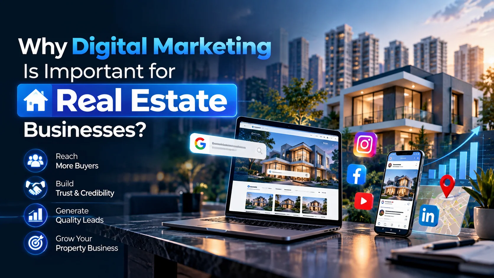 Why digital marketing is important for real estate businesses, showing property listings, social media, and lead generation.