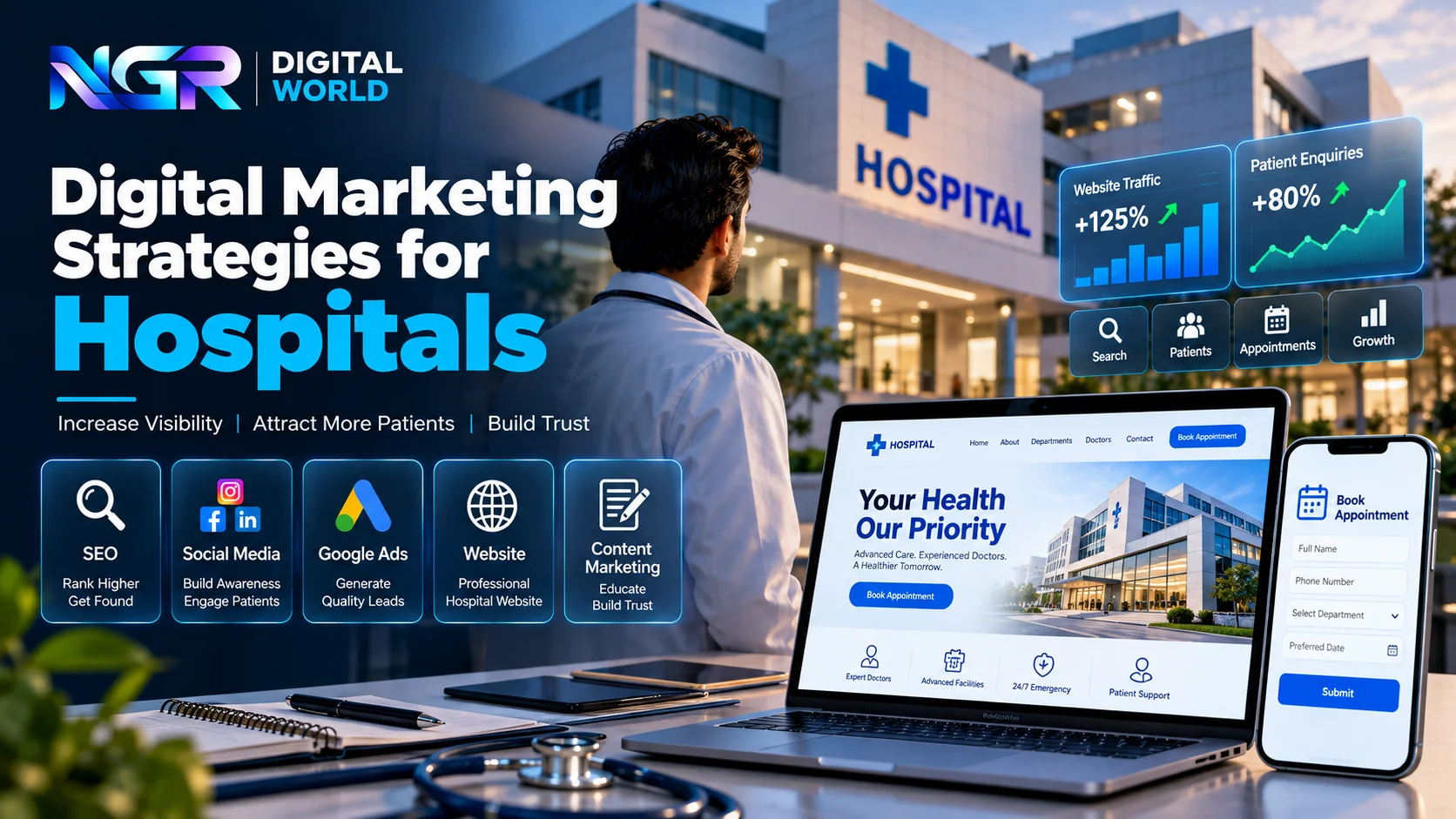 Digital marketing strategies for hospitals featuring SEO, social media marketing, Google Ads, website development, and patient appointment booking.